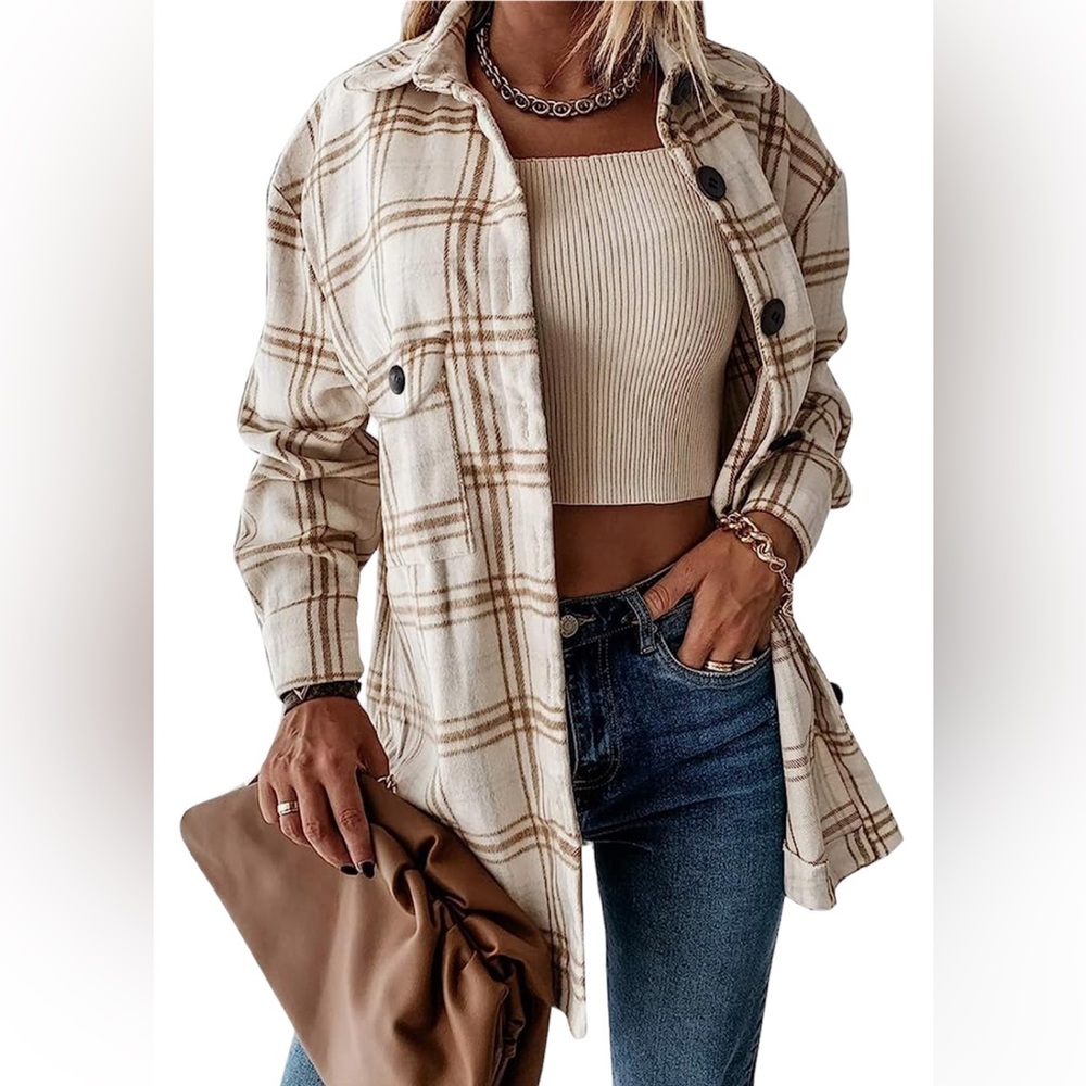 NWT Automet Womens Casual Plaid Shacket Button Down Long Sleeve Shirt